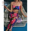 Peachtan Bandeau taille haute bloc de couleur imprimer jupes 3 pièces ensemble élégant bikini 2021 maillot de bain femmes maillots de bain femme maillot de bain Y0820