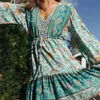 Зеленые повседневные женщины весна осень короткие кружевные талии флористическое boho элегантные дамы с длинным рукавом платье 210415