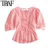 TRAF Women Sweet Fashion Ruffles Plaid Blouses Vintage Backless Lace-up Side Zipper Female Shirts Blusas Chic Tops 210415