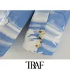 TRAF女性のファッションダブルブレストプリントブレザーコートビンテージ長袖ポケット女性のアウターシックトップ210415
