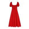 Snygg chic singel-breasted Midi Dress Women Puff Sleeves Back Elastic Kvinna Es Red Party Vestidos Mujer 210430