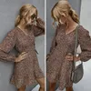 Jastie Fall Boho Floral Print Dress Kvinnor Lantern Långärmad A-Line Dresses V Neck Beach Mini Dress Kvinna ROUPA FEMININA 210419