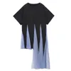 [EAM] Women Big Size Blue Mesh Asymmetrical Dress Round Neck Short Sleeve Loose Fit Fashion Spring Summer 1DD6285 21512