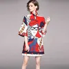 Fashion Designer Cartoon Printed Spring Women Three Quarter Sleeve Buckle Stand Collar Cheongsam A-Line Short Dress 210416