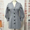 Vintage long lantern sleeve blazer dress women high fashion button office lady streetwear elegant grey vestidos 210427