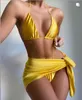 String Swimwear Three Piece Bikini Coverup Sexy Backless Lace-up Halterneck Bathingsuit Women Brazilian Thong Set 210604