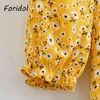 Foridol Floral Print Yellow Boho Sukienka Kobiety Rękawem Puff Rękaw Krótki Mini Summer Dress Beach Casual Lace Up Sundress Cotton Dress 210415