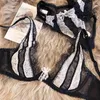 Sexy Lace No Steel Ring Lingerie Triangle Cup Stripe Contrast Color Bralette Ultra-thin Perspective Bra Set Deep V Underwear Set X0526