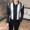 Mäns Casual Skjortor Högkvalitativ Svart / Grön Långärmad Striped För Men Kläder 2021 Enkel Slim Fit Club Prom Tuxedo Dress 3XL-M