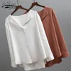 Fashion Long Sleeve Chiffon Blouse Women Brown White Shirts Tunics for Office Style Silk Shirt Woman 5104 50 210427