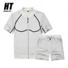 Summer Stripe Tracksuit Men 2 Pieces Casual Men's Set Zipper Short Sleeves TShirt+shorts Fashion Sportswear Fitness Sweat Suits 210603