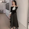 Lady 2021 Kpop Slash Neck Retro Elegant Black Dress Slim Chic Long-Sleeved Women Sexig Autumn Winter Long Dresses S-XL Casual