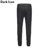 Icono oscuro revestimiento rasgado fit delgado jeans high street hombres de moda de altura de altura en la rodilla jeans pantses de mezclilla para hombres 2 colores 210331