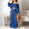 Summer Crochet Dress Beach Wear 2 Piece Crop Top And Skirt Set For Women Long Sleeve Tassels Slash Neck Two Knit Sets 220314