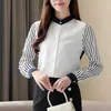 Herfst plus size chiffon dames tops stand kraag shirt vrouwen kantoor dame lange mouwen Koreaanse gestreepte blouse 10751 210521