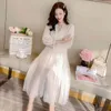 Vestido High Waist Elegant Dress For Women V-neck Lace Mesh White Vintage Long Sleeve Party dresses 10124 210512