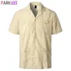 남성 전통 쿠바 캠프 칼라 Guayabera 셔츠 짧은 소매 수 놓은 멕시코 카리브해 스타일의 해변 셔츠 4 포켓 210305