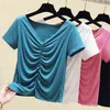 WWENN Frauen Plissee Kurzes T-shirt Ärmel V-ausschnitt Baumwolle Modal T-shirt Sommer Weibliche Mode Crop Top T-stück Lose Weiß rosa 210507