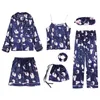 7 sztuk Jedwabiu Kobiety Bielizna Camisole Spodenki Druku Pant Piżamy Blindfold Sleepear Pijams Set Home Cloths for Ladie All Day Pajama Q0706