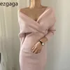 Ezgaga Sweater Dress Korean Chic Autumn Sexy Ladies V-Neck Off Shoulder Criss-cross Slim Waist Women Bodycon Dress Solid Elegant 210430