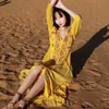 Jastie Retro Nation bordado Maxi vestido con cuello en V manga larga Primavera Verano Vestidos Mujer ropa playa vacaciones Vestidos 210419