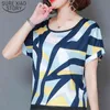 summer clothing short sleeve silk chiffon Blouse women tops and fashion o-collar print plus size 4545 50 210417