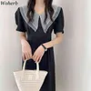 Korean Summer Women Black Dress Vintage Short Sleeve Slim Mesh Turn Down Collar Office Ladies Dresses Elegant Vestidos 210519