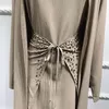 Ethnic Clothing Handcraft Beads 3 Piece Muslim Set Matching Outfit Crinkled Crepe Open Abaya Kimono Long Sleeve Dress Wrap Skirt Dubai Autum