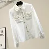 Fashion Designer Tweed Patchwork Chiffon Camisa Blusa Mulheres Vintage Manga Longa Chain de Ouro Pérolas Tecer Borlas Bolso Tops 210416