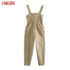 Tangada Mujeres Verano Sólido Khaki Algodón Mono Largo Sin Mangas Bolsillo Strethy Cintura Femenina Casual Mono 5Z125 210609