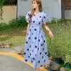 Vrouwen Jurk Zomer Franse Vintage Vrouwelijke Polka Dot V-hals Puff Sleeve Hoge Taille Vakantie Casual Jurk Vestidos 210518