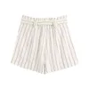 Mulheres verão elegante stripe shorts com bolso cinto plissado escritório casual desgaste curto zíper moda moda spodenki damskie 210515