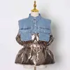Drawstring Patchwork Denim Vest For Women Lapel Sleeveless Casual Loose Cotton Coat Female Winter Fashion 210524