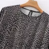 Leopardo impresso mini vestido mulheres vintage plissado inverno longo luva mulher solta ruched casual senhoras es 210519