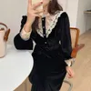 Spring Sweet Lace Stand Collar Single-Breasted Velvet Dress Elastic Waist Black Women's Clothing 210520