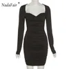 Nadafair stropplös sexig klubb bodycon mini klänning ruched party wear vestidos smal kort långärmad höst vinter klänning kvinnor y1006