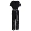 PERHAPS U Black White Short Sleeve V Neck Lace Jumpsuits Wide Leg Ankle-length Pants Summer Sash Pocket Office Lady J0081 210529