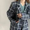 Jesień Vintage Plaid Blazers Kobiety Work Wear Wear Formal Notched Blazer Luźne Elegancka Ol Suit Kurtka Kobieta Ubrania 210421