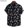 Baskı Bırakır Siyah Hawaii Gömlek Erkekler Yaz Moda Kısa Kollu Plaj Günlük Düğme Aşağı Tatil Giyim Kıyafetleri 210522