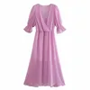 Summer Women Vintage Pleated Dress Solid V-Neck Long Sleeve Chiffon es Female Elegant Street Party Loose vestido 210513