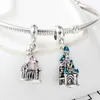 Fits Pandora Sterling Silver Bracelet Pink Blue Princess Castle Dangle Beads Charms For European Snake Charm Chain Fashion DIY Jewelry