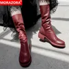 MORAZORA marque mode femmes bottes en cuir véritable bottes talons carrés bout rond hiver mi-mollet bottes dames chaussures 210506