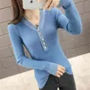 Pullover Knit Sweater Women's Casual Stitching Metal Sheet Thin Top V-neck Striped Long Sleeves Autumn Female 210427