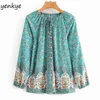 Vintage Floral Print Boho Blouse Women Lace Up O Neck Long Sleeve Casual Summer Tops Plus Size blusas DJF8698 210514