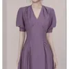 Försäljning Spring Women Dress Princess Puff Sleeved Sexig Backless V-Neck Buckle Fashion Solid Wild Straight Dresses 210603