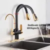 Purification Kitchen Sink Faucet Purified Water and Cold Water Faucets Black Golden Deck Mounted Dual Handle Mixer Tap 210719