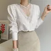 Korea Hollow Out Women Blouse with Lace Office Lady O Neck Shirts Female White Black Long Sleeve Women Blouse and Tops 12622 210518