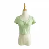 Sexig T-shirt V Neck Short Sleeve Casual Crop Top Kvinnor Knapp Strikkad Koreansk stil Ribbed Gröna Sommar Toppar 210623