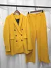 Bella mujer amarillo púrpura azul 2 piezas conjunto traje doble botonadura Blazer pantalones elegante señora mujer trajes 211105