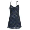 Spaghetti Pasek Bandaż Front Ruffles Plaid Sukienki Vintage Mesh V-Neck Backless A-Line Mini Dress Partywear